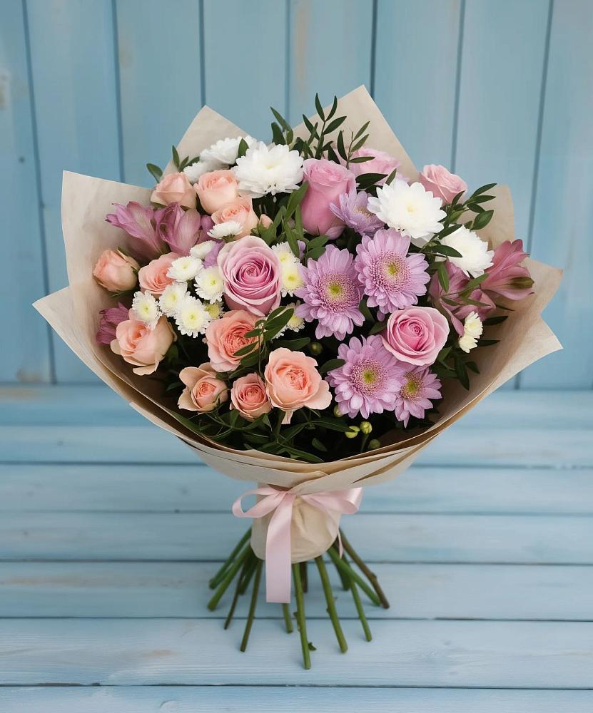 Букет цветов из: Хризантемы, Розы и Альстромерии в Столбище