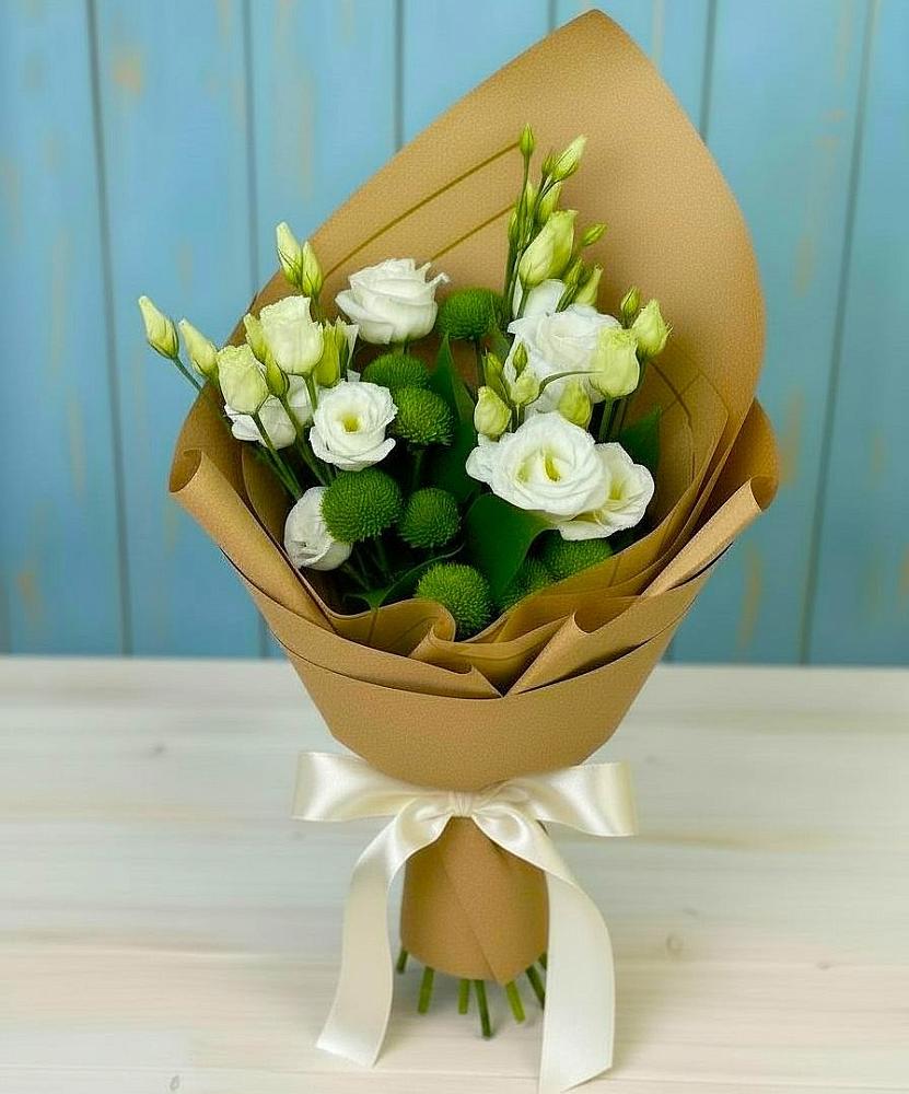 Букет цветов из: Хризантемы и Лизиантусы в Столбище