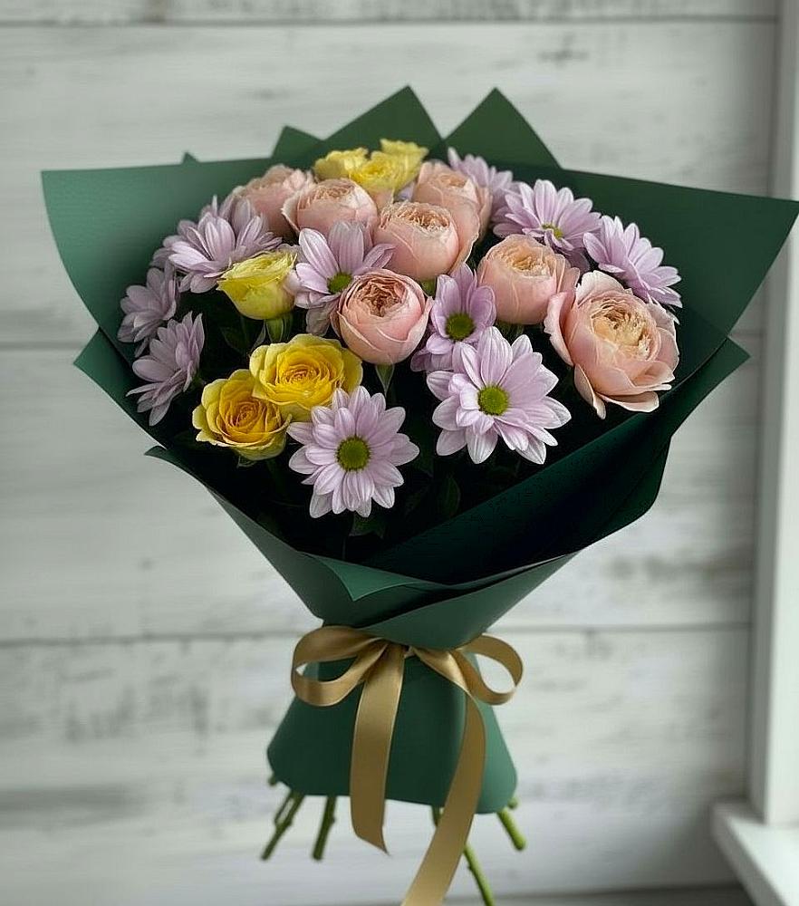 Букет цветов из: Хризантемы и Розы в Столбище