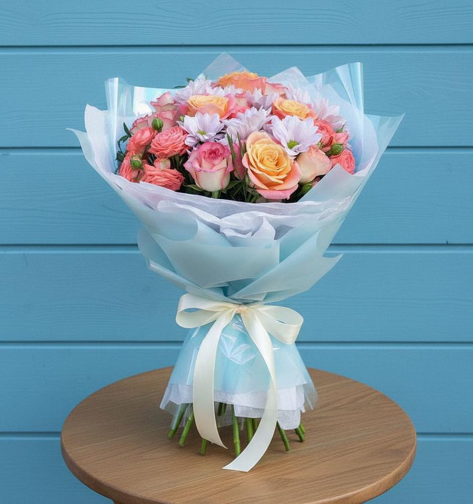 Букет цветов из: Хризантемы и Розы в Столбище