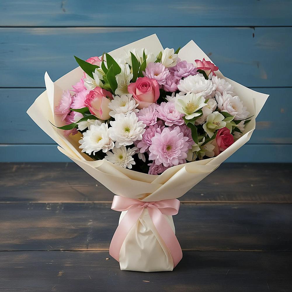 Букет цветов из: Хризантемы, Альстромерии и Розы в Столбище